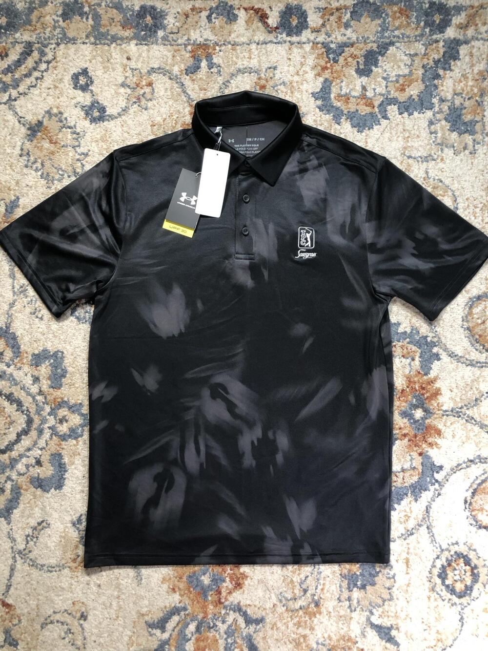 TPC Sawgrass Shirt Polo Mens Small Black Golf Under Armour Playoff Logo Pattern